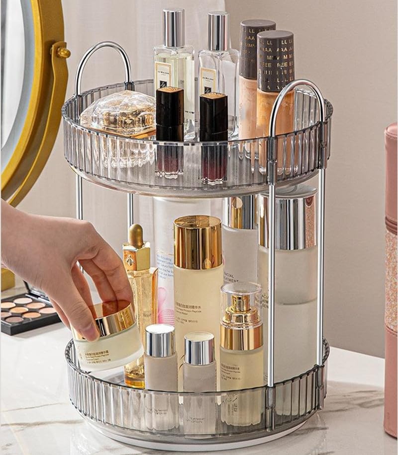Makeup Organizer for Vanity, 360° Rotating Bathroom Organizer Countertop, High-Capacity Skincare Organizer, Spinning Cosmetics Organizer for Dresser Countertop (2 Tiers, Grey) - Image 6