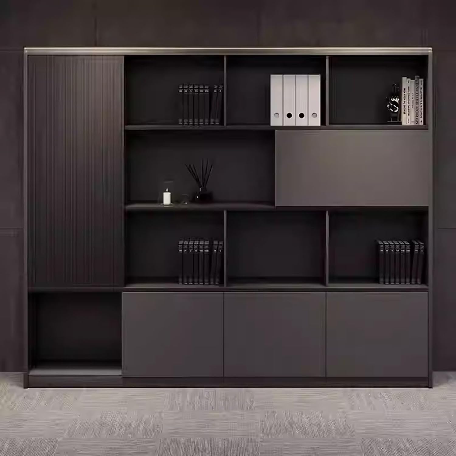 Bookshelf - 4-Tier Bookcase with Motion-Activated Light Dark Grey Wood Grain Tall File Cabinet Includes Open Storage Display