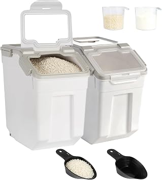 2 Pack Rice Storage Container 15KG, Airtight Flour Container (Gray)