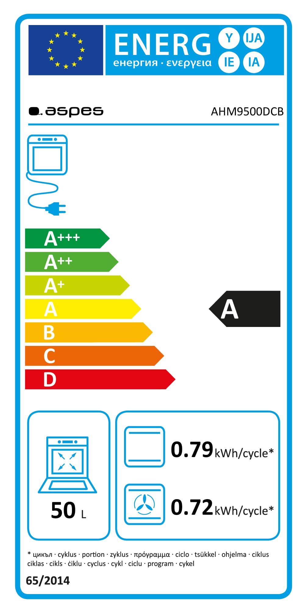Aspes Horno Multifunción con Ventilador Cristal blanco AHM9500DCB. Capacidad 50 Litros, 1200W, 9 Programas, Interior Esmaltado, Fácil Limpieza, Display LED Manual, Eficiencia Energética Clase A