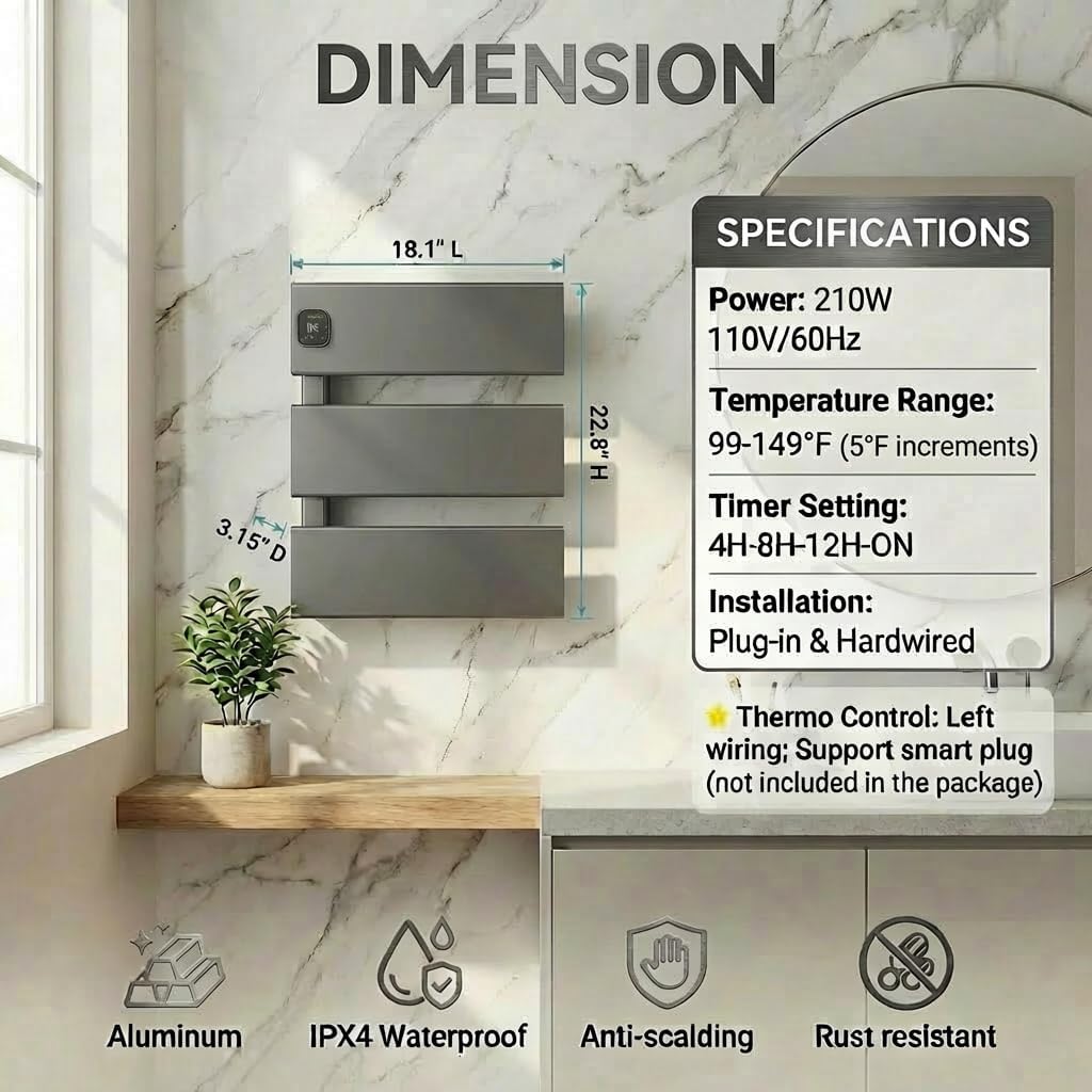Electric Towel Warmer, Heated Towel Rack with Thermo Control and Timer, Fast Heating Towel Rail for Bathroom with Memroy Function, Work with Smart Plug, Left-Wiring, 3 Panel, Gun Gray