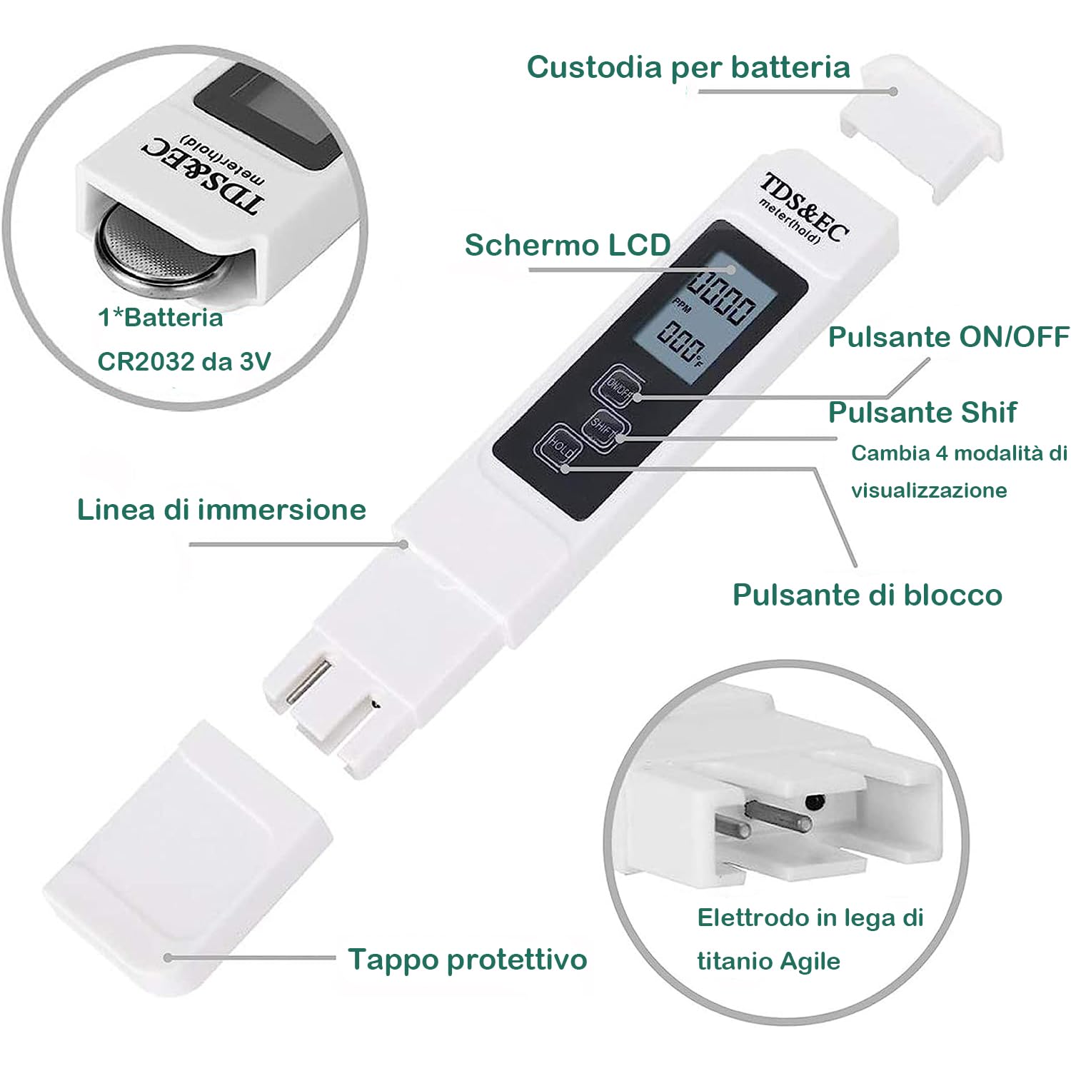Tester digitale LCD per la qualità dell'acqua Misuratore TDS EC e Temperatura 3 in 1, Precisione di Lettura +/- 2%, 0-9990 PPM set, per Acqua Potabile/Piscina/Acquario/Piscina