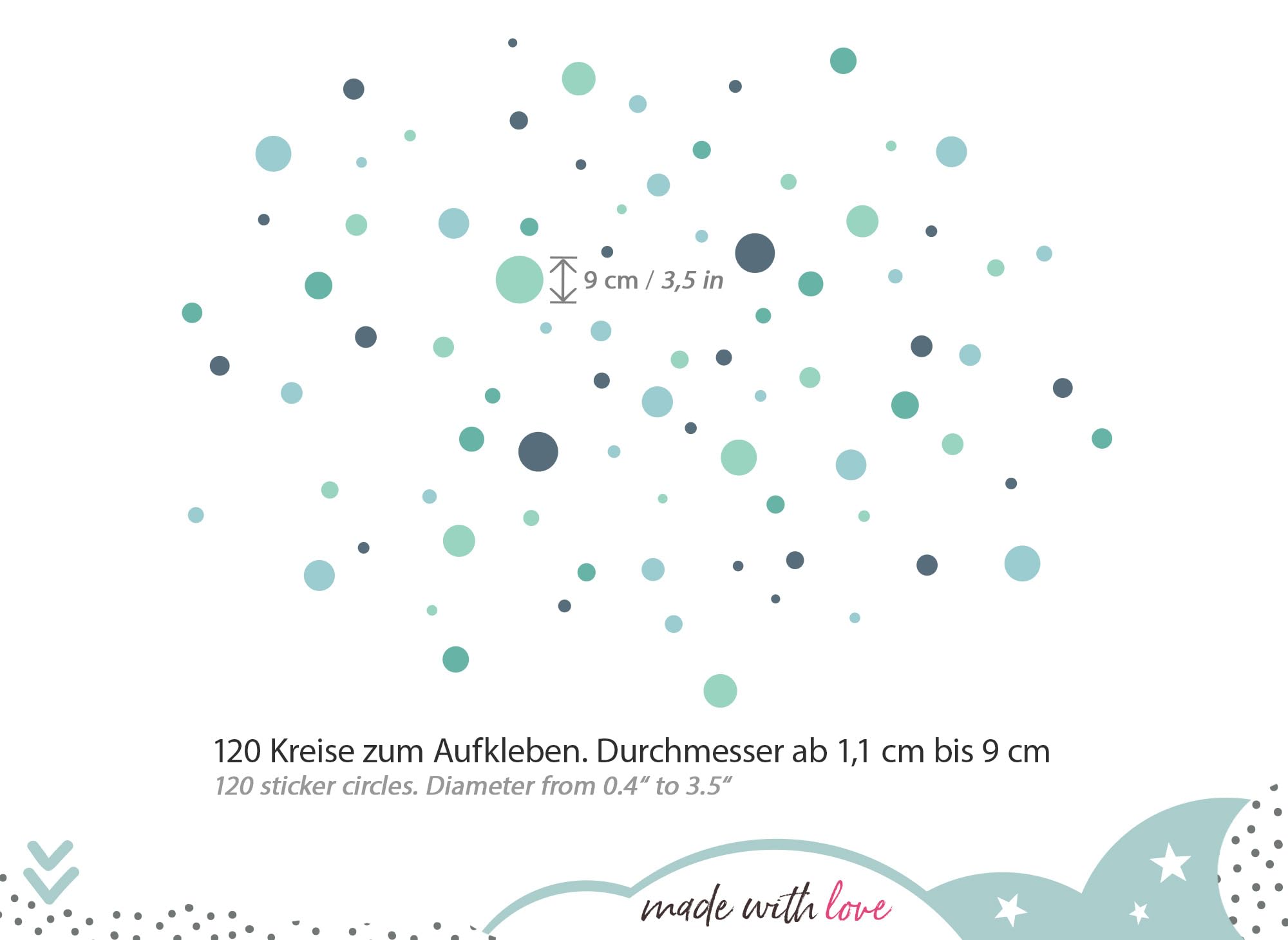 Little Deco Muurstickers, 92 stuks, stippen, punten, voor kinderkamer, wanddecoratie, babykamer, zelfklevende kleefpunten, stippen in rood, geel, mint, set, wandopkleefsticker, wanddecoratie DL925-1