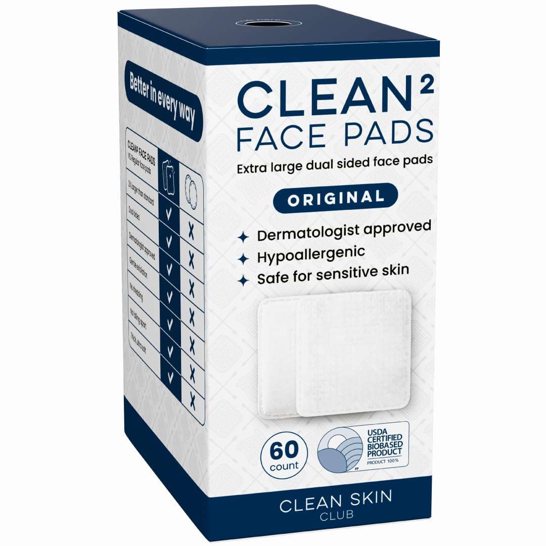 Clean Skin Club Clean² Pad 2.0 [Improved Edges] Guaranteed not to shed or tear your face pad, unique 3-layer, textured & ultra soft sides, organic disposable cotton, paired with makeup remover