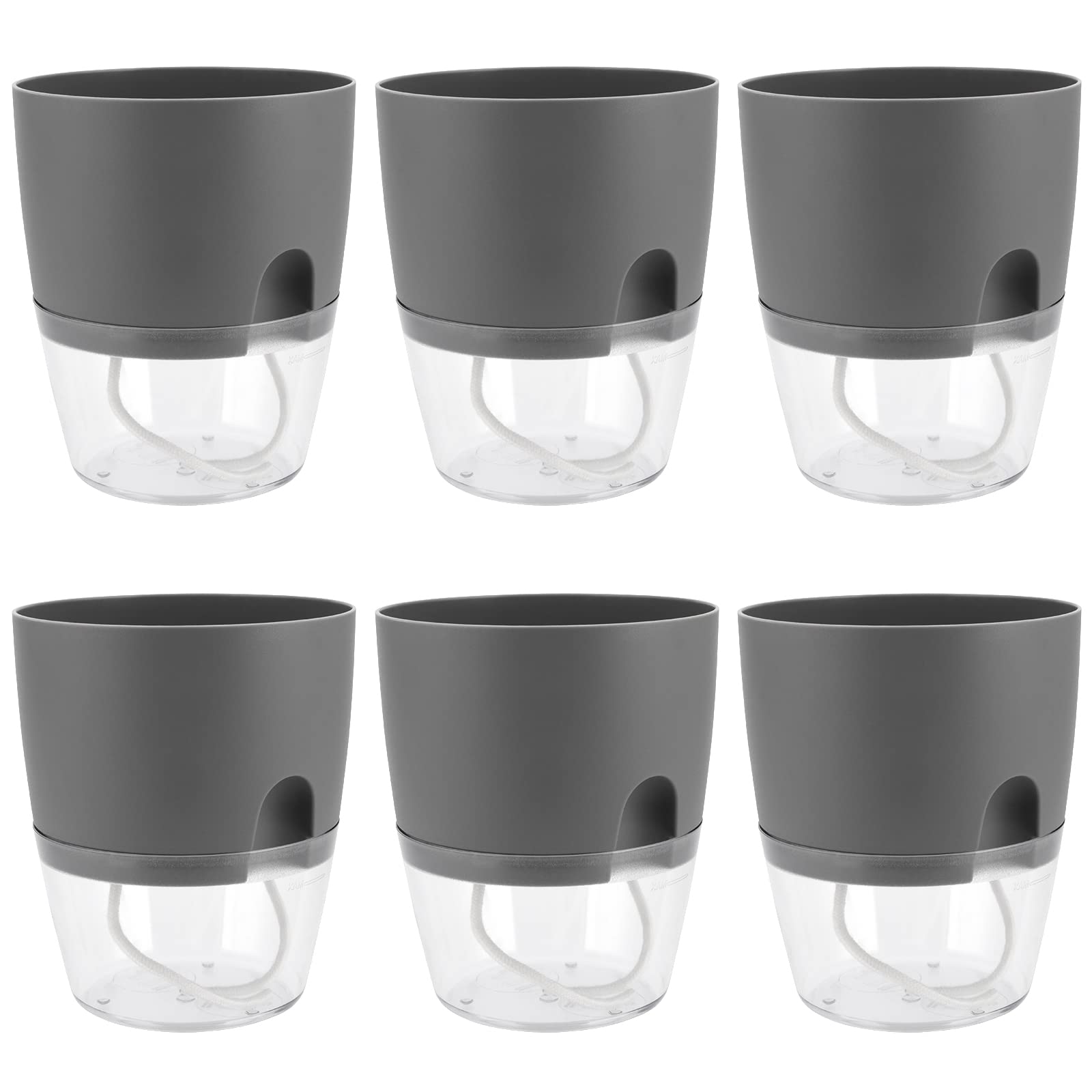 Set di 6 Vasi Auto-Irriganti in Resina, 15,3 x 18,2 cm, con Serbatoio Idrico, per Piante da Interno ed Esterno, Erbe Aromatiche, Davanzale, Cucina, Grigio