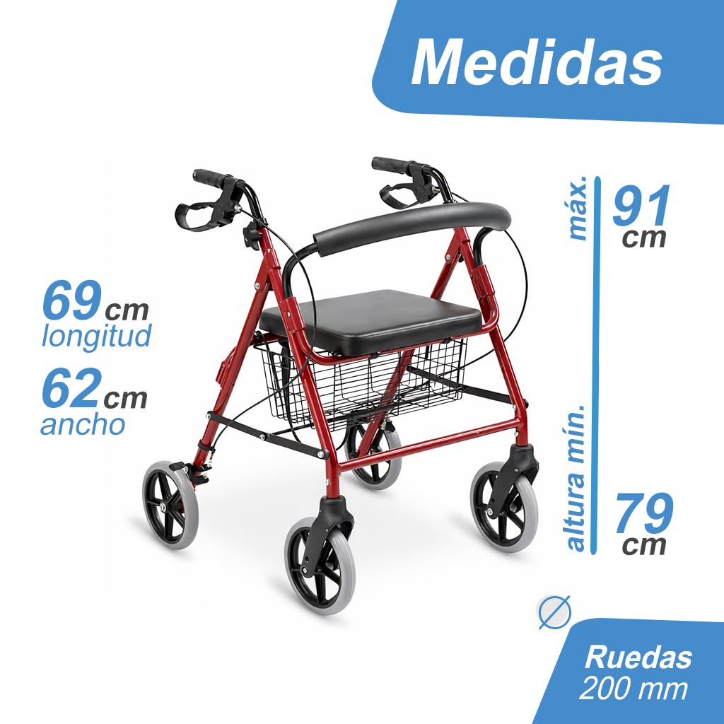 ALMA Andador para Ancianos con Asiento y 4 Ruedas, Rollator Plegable de Aluminio Ligero, Ajustable en Altura, con Respaldo, Cesta y Frenos de Maneta con Bloqueo, para Adultos y Personas Mayores