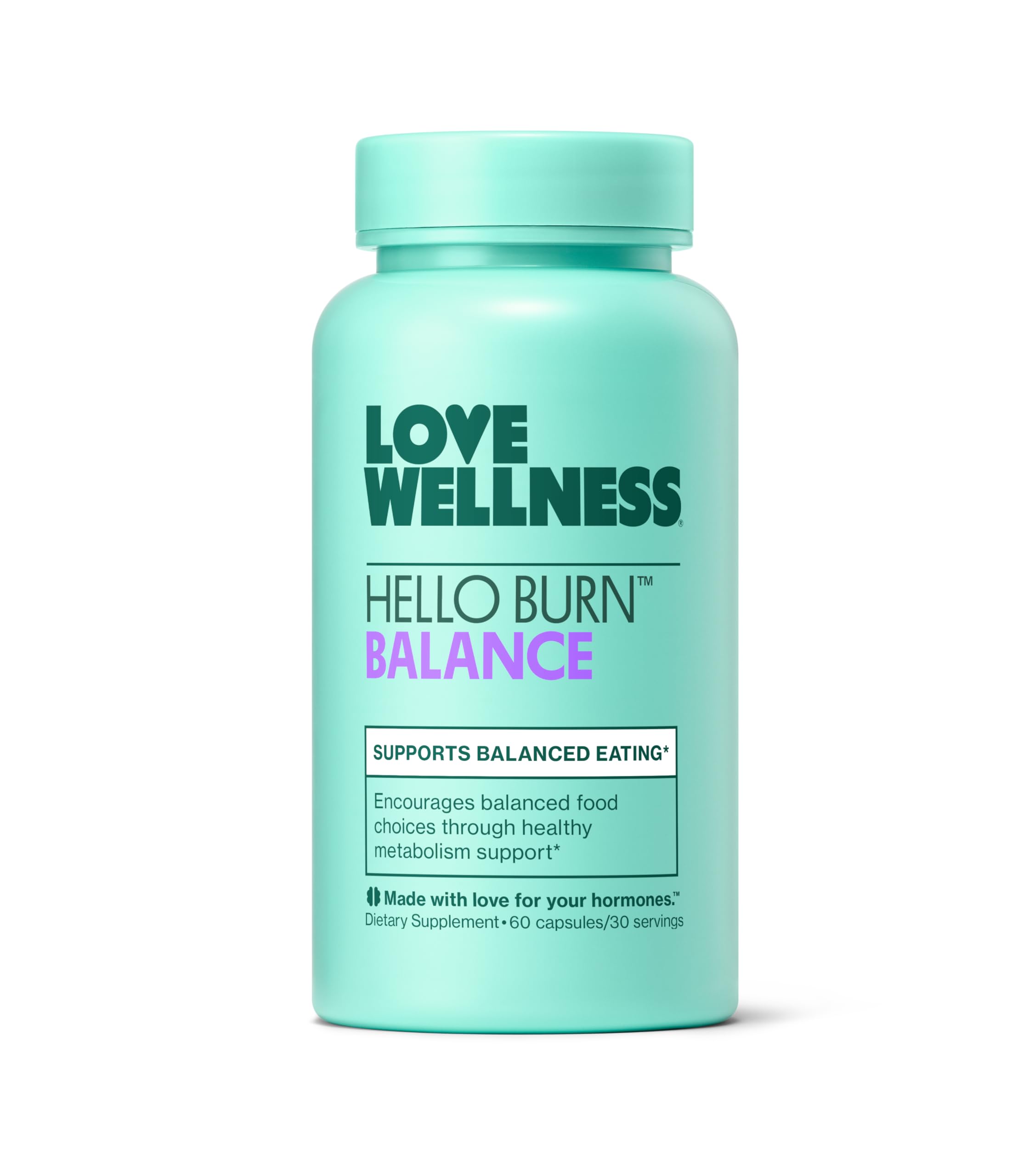 Love Wellness Hello Burn Balance | Metabolism Booster for Women | Supports Energy, Cravings Control & Thyroid Support with Selenium & Green Tea | Non-GMO, Gluten-Free & Vegan | 60 CT