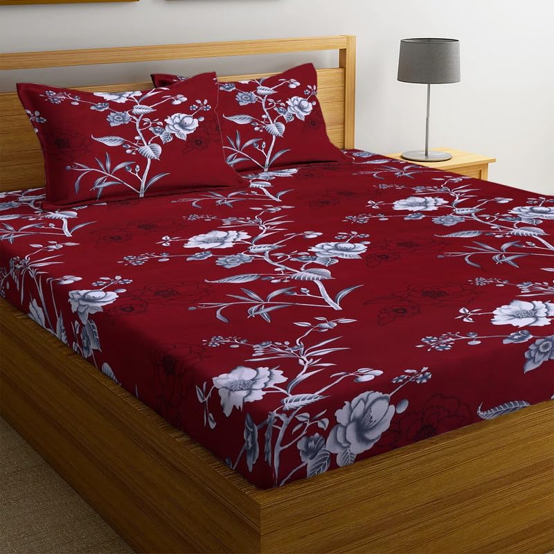 Image of NEW LEAF Premium Cotton Elastic Fitted Bedsheets with 2 King Size Pillow Covers | Double Bed with All Around Elastic 180 TC Supersoft |Size-72 King Sizex78+10 inches | Maroon & White