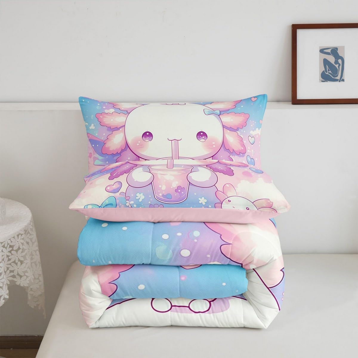 Feelyou Cute Axolotl Comforter Set Toddler Size Rainbow Print Quilt Set Kawaii Animal Theme Bedding Comforters 2pcs for Kids Teens Room Decor,Milk Tea Soft Duvet Set with 1 Pillowcase