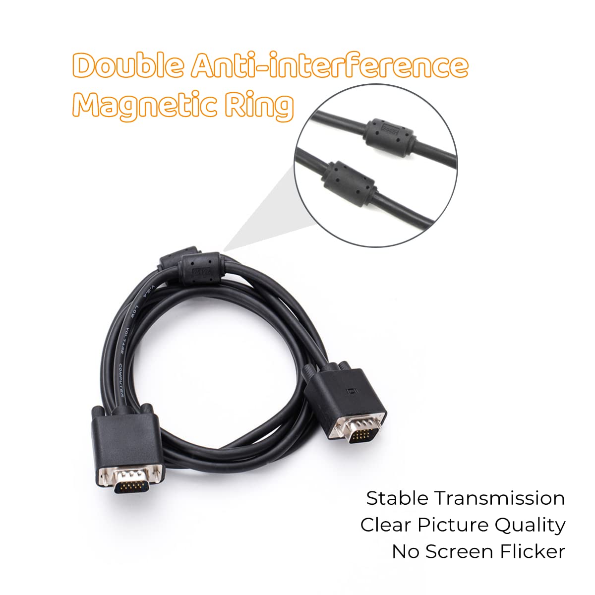 Cavo VGA a VGA da 1,5 m, cavo VGA maschio a maschio, cavo VGA Full HD con doppio nucleo in ferrite per computer, monitor, proiettore, HDTV, lettore video, tutti i dispositivi abilitati