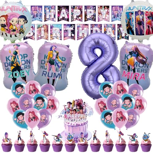 50pcs Kop Demo Huntr Set de Décoration de Fête d'Anniversaire, Thème Dessin animé avec Bannière, Ballons et Toppers à Cupcakes pour Anniversaire...