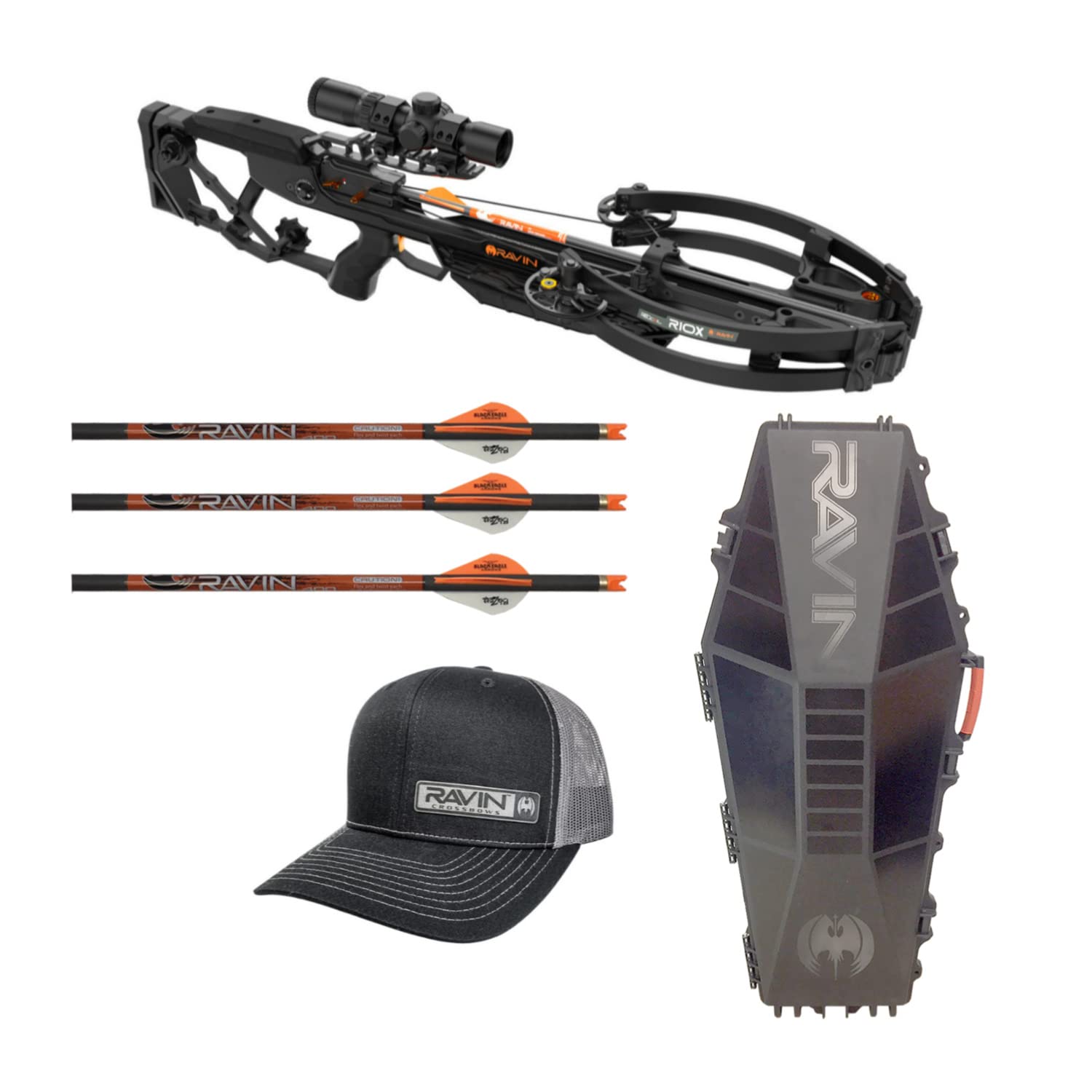 Ravin R10X 420 FPS Crossbow Bundle with Ravin Crossbows Hard Case and Ravin Crossbows Classic Kickback Trucker Snapback Hat (Black) (3 Items)