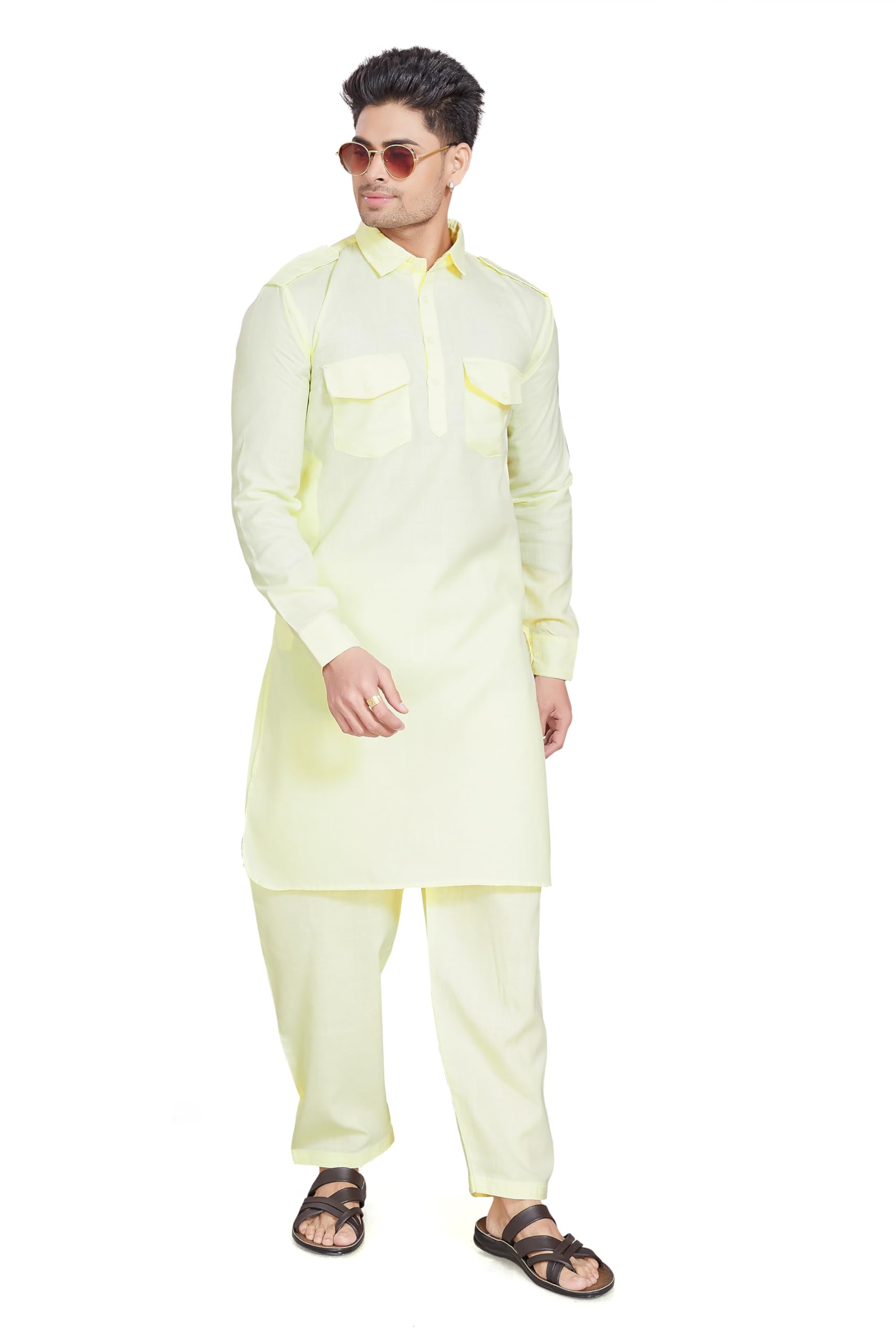 Divisive Men's Cotton Blend Pathani Kurta Pyjama Set (Dkrt453_Xl_Yellow)