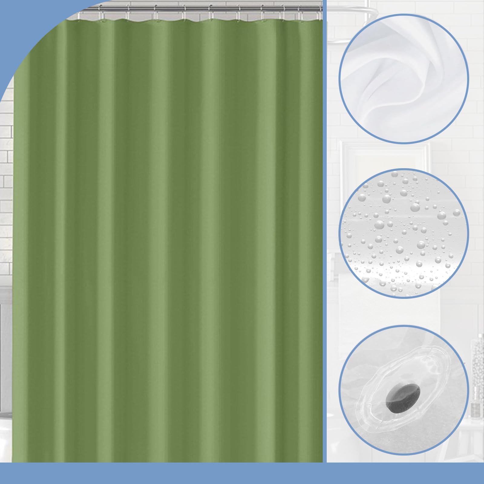 PEVA Shower Curtain 180x180cm,Heavy Duty Plastic Army Green Weighted Shower Curtains Mould Proof Resistant Waterproof Bath Curtains with 3 Magnets 12 Hooks for Wet Room,Bathroom,Shower Stall,Bath Tub - Image 2