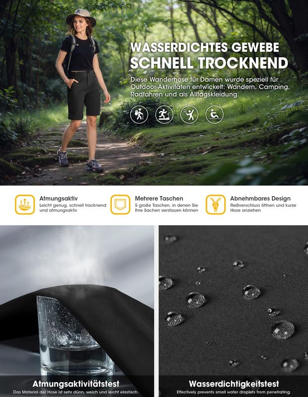 BondiTrekk Damen-Wanderhose-Zip-Off-Trekkinghose, Atmungsaktiv Wanderhose Damen Schnell Trekkinghose Abnehmbar Zip Off Outdoorhose Sommer Hiking Pants Funktionshose Schwarz L