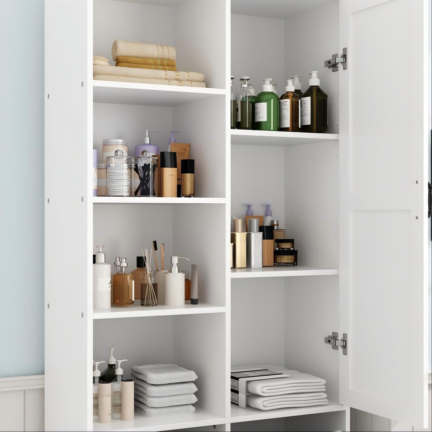 Double Tilt Out Laundry Hamper, Hidden Laundry Hamper Cabinet with Adjustable Shelves & 2 Tilt Out Trash Cabinets (14 Gallon Each) for Bathroom Kitchen, White 1 Door