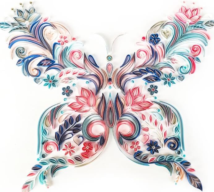Handmade Paper Quilling Art Kit, 20 Inch Butterfly Wall Decor Set, Pink and Purple Floral Design, DIY Craft Material Pack with Decorative Strips