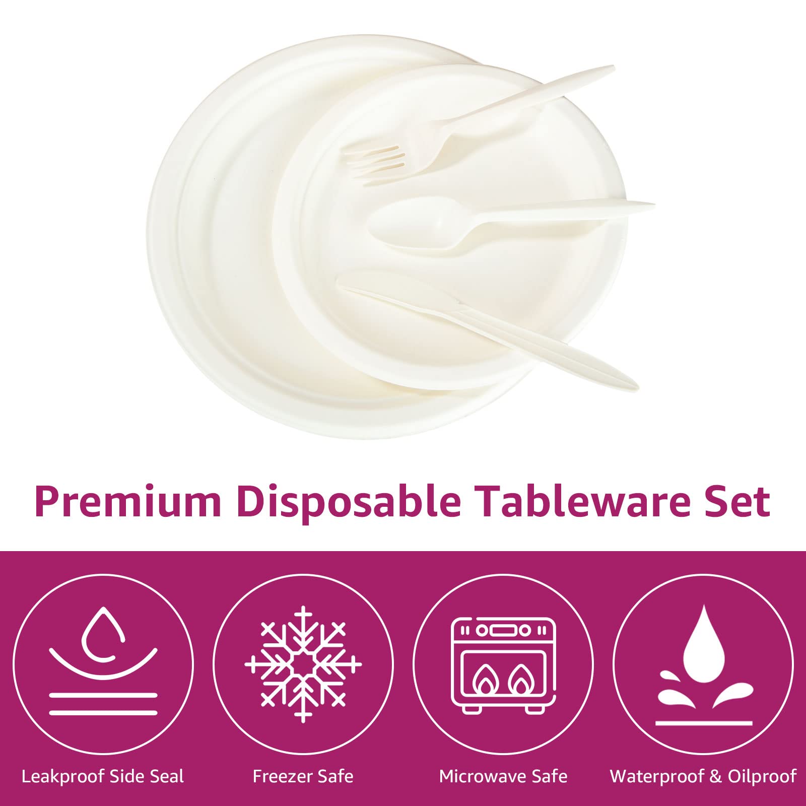 SENENQU Juego de vajilla desechable biodegradable, 250 piezas, kit de vajilla de bagazo compostable que incluye platos de papel de 7 y 9 pulgadas, tenedores, camping, picnic