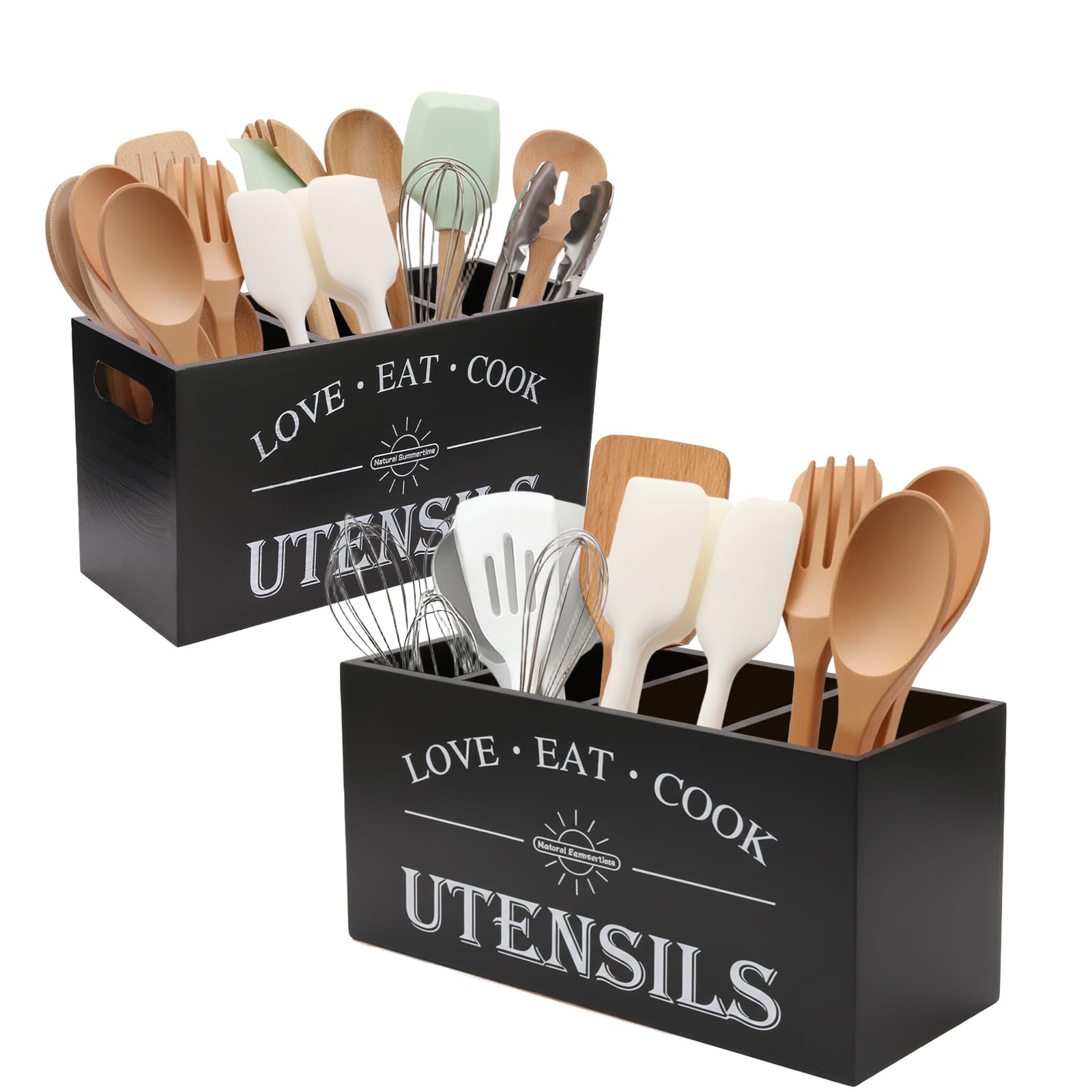 Utensilienhalter, 17 cm + 15,7 cm, Holz-Utensilienhalter für Küchenarbeitsplatte, großer Holz-Utensilien-Organizer mit Trennwand für Besteck und Kochaufbewahrung, Bauernhaus-Küchendekoration