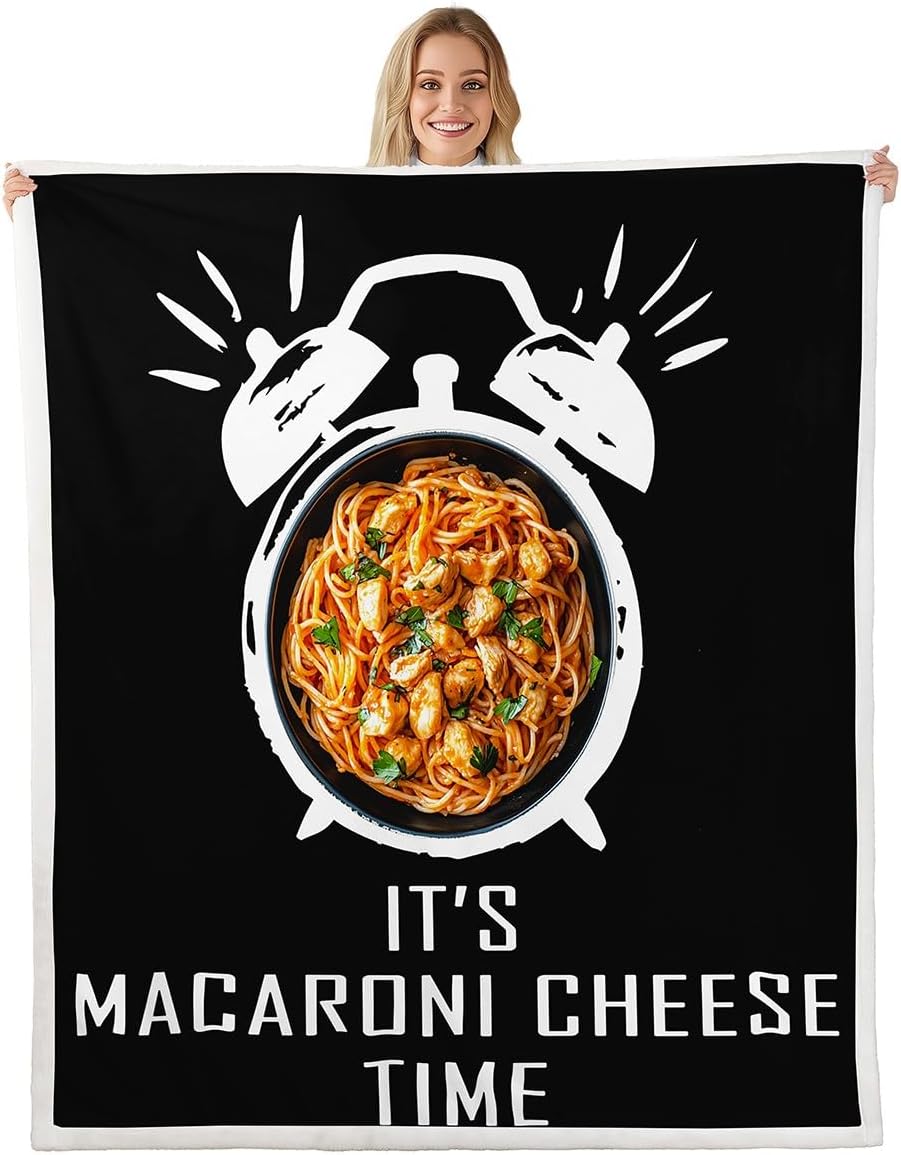 Erosebridal It's Macaroni Cheese Time Throw Blanket Funny Food Fleece Blanket for Kids Child Boys Teens,Noodles Alarm Clock Bed Blanket Creative Pasta Bedroom Decor 90"x90" Black