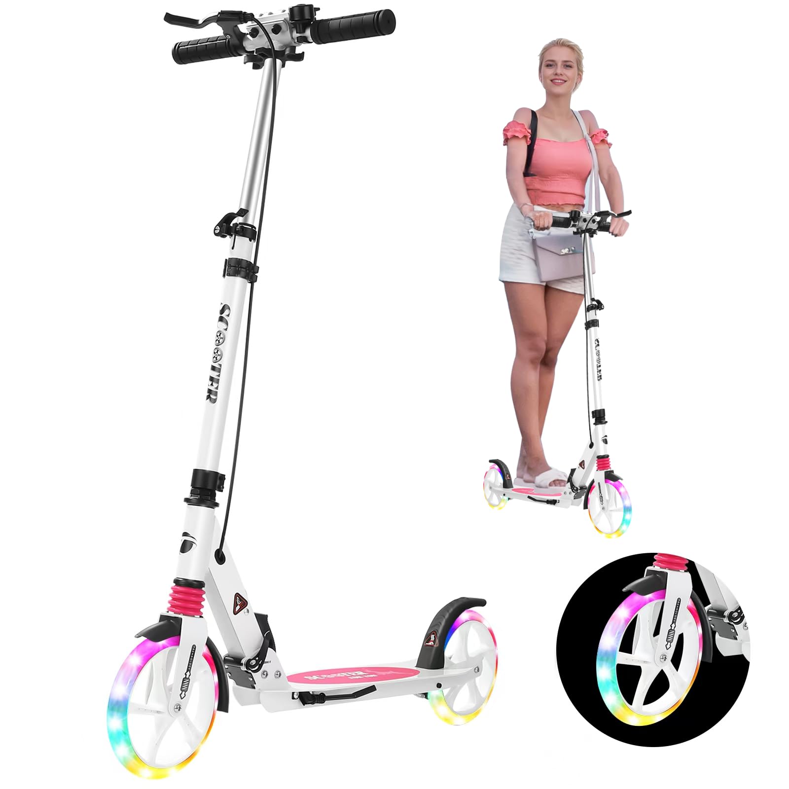 Scooter for kids ages 6+ and Up, Quick Folding Handbrake Adult Scooter, Kick Scooters with Carry Strap and Height Adjustable, 200mm Big Wheel for Adults and teenagers 11-15 (White)
