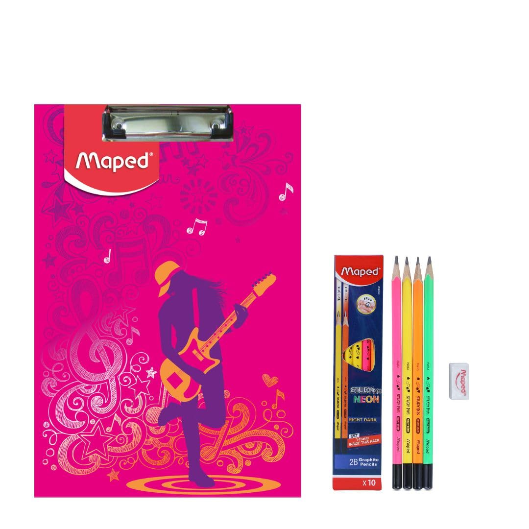 Maped Prüfungs-Set, 12-teiliges Set (Girly Thema), hochwertiges Klemmbrett und dunkle Holzstifte, hochwertige Produkte, Prüfungsblock für Studenten, ideal für Schüler, unverzichtbares Prüfungs-Set