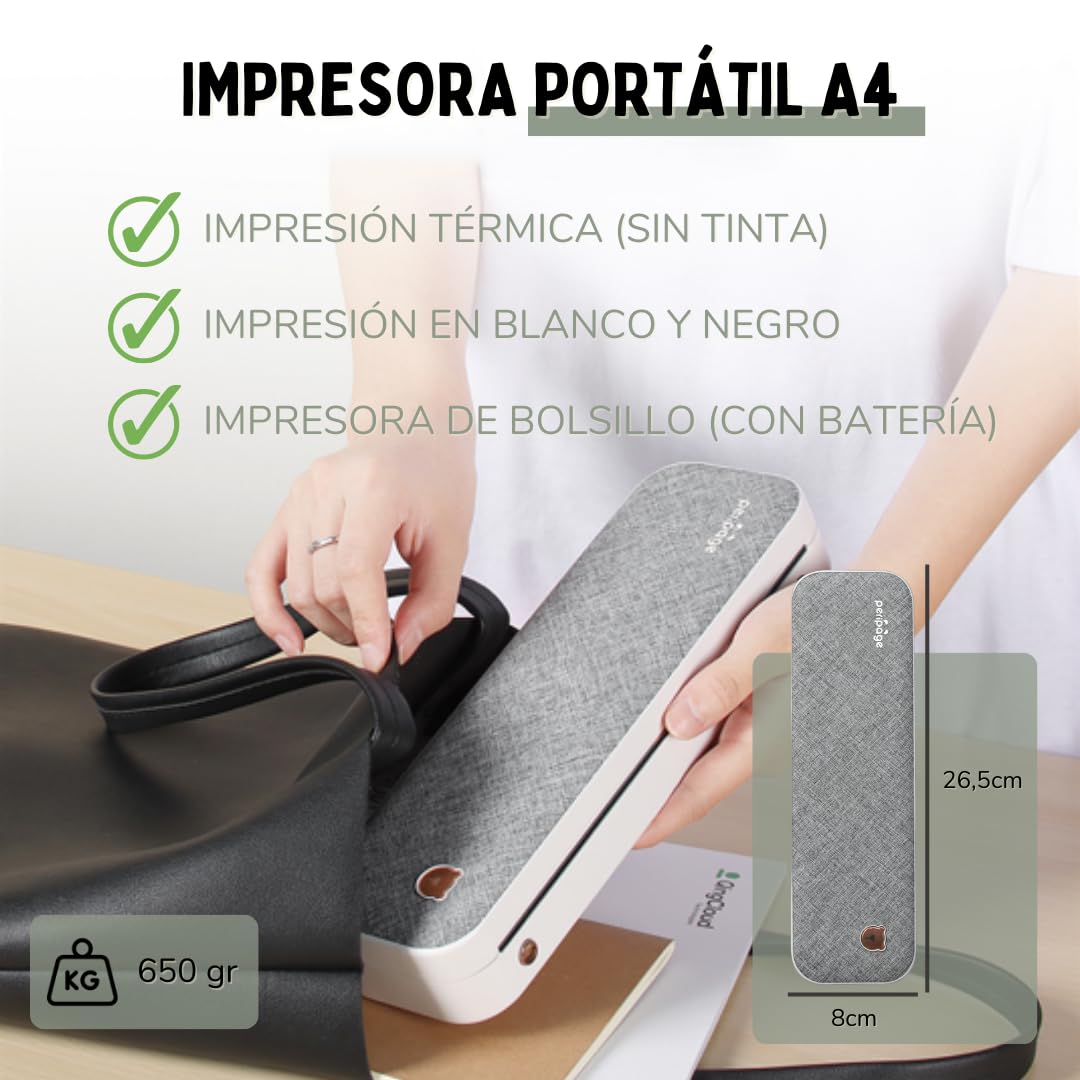 Stampante portatile termica Bluetooth A4 – Stampante portatile da viaggio con carta termica senza inchiostro e toner – compatibile con computer Windows, Mac... e cellulari Android, iOS – PeriPage