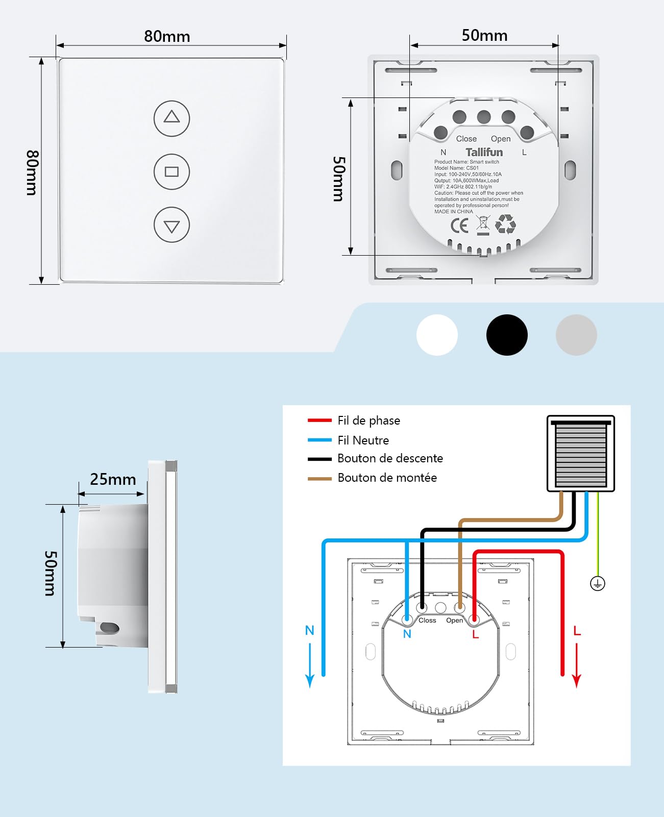 Interrupteur Volet Roulant Connecté, 80 * 80mm Interrupteur de Stores WiFi Compatible Alexa/Google Home/SmartLife, APP Contrôle à Distance - Fil Neutre Requis (Blanc, 1)