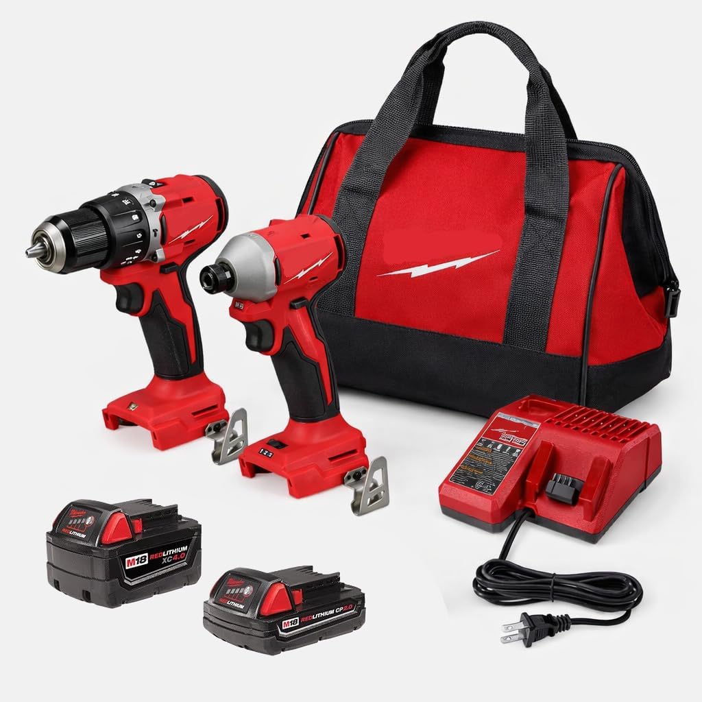 3693-22CX Hammer Drill and Impact Driver Kit FOR Milwaukee M18 Compact Brushless 2 Tool Combo Kit with 3602-20 Drill 3651-20 Impact Driver FOR Redlithium Batteries Charger Bag