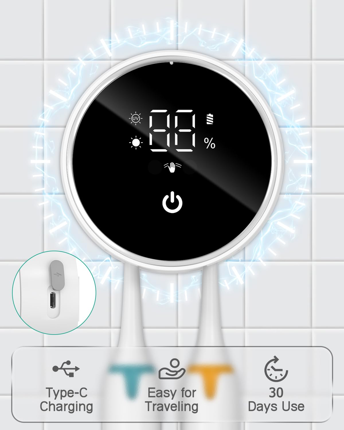 ORIA Desinfectante para Cepillos de Dientes, Soporte Portátil para Cepillos de Dientes Eléctricos y Manuales con Esterilización Programada, Pantalla LED, Recargable para Viajes, Hogar y Negocios