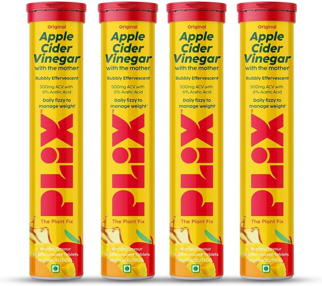 THE PLANT FIX Apple Cider Vinegar Effervescent Tablet with mother | Supports Metabolism & Appetite Control I With 500mg ACV, Vit B6 & B12 I No Maltodextrin, No Added Sugar I Pack of 4 (60 tablets)