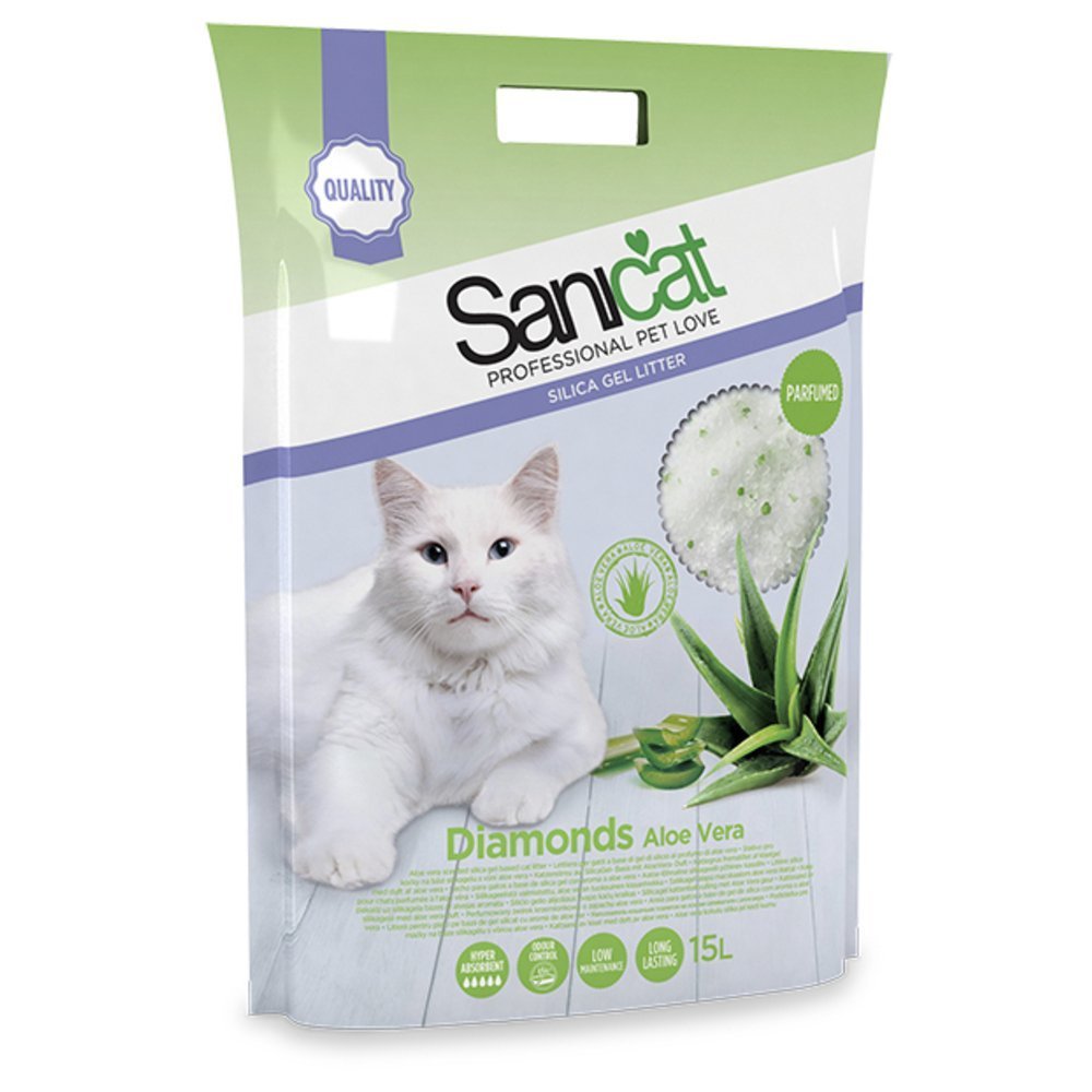 Sanicat Diamonds, Arena Absorbente de Gel de sílice para Gatos, Aroma Aloe Vera - 15 L, Blanca