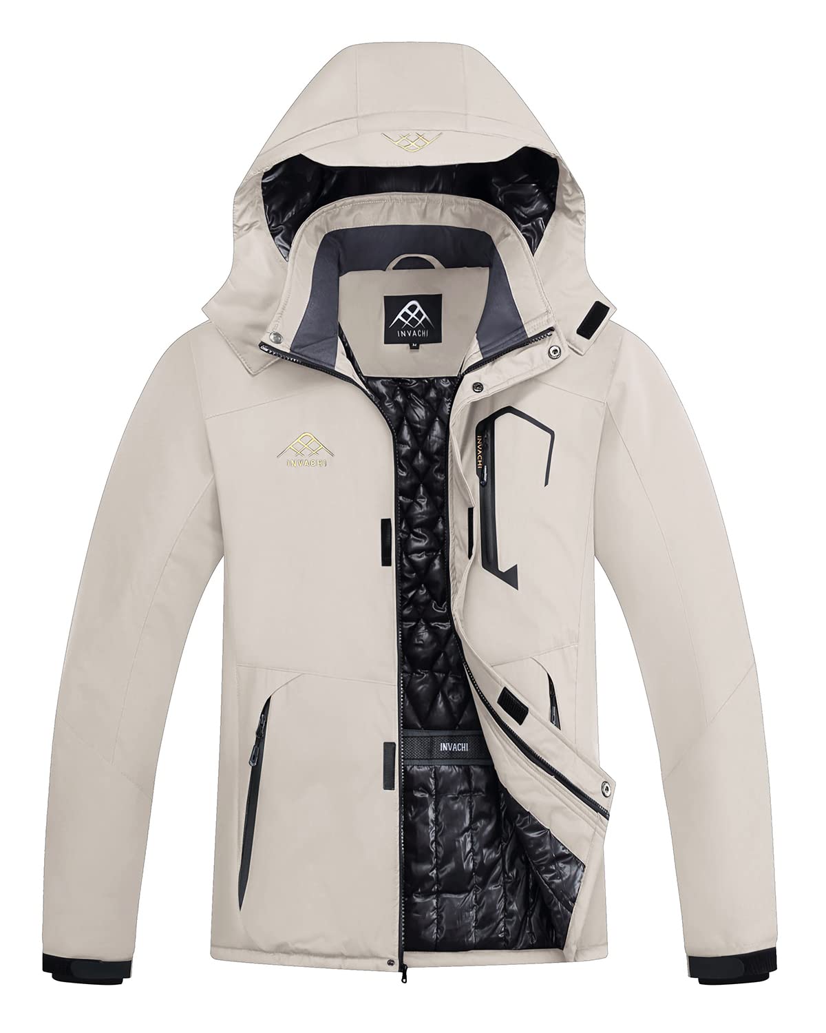 INVACHI Men's Waterproof Ski Snow Jacket Warm Winter Quilted Coat Parka Raincoats With Multi-Pockets