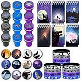 BANBALLON 48 PCS Wolf Party Favors, Wolf Birthday Party Favors with 12 Wolf Button Pins, 12 Mini Notebooks, 12 Stampers and 12 Rubber Bracelets for Birthday Party Baby Shower Holiday