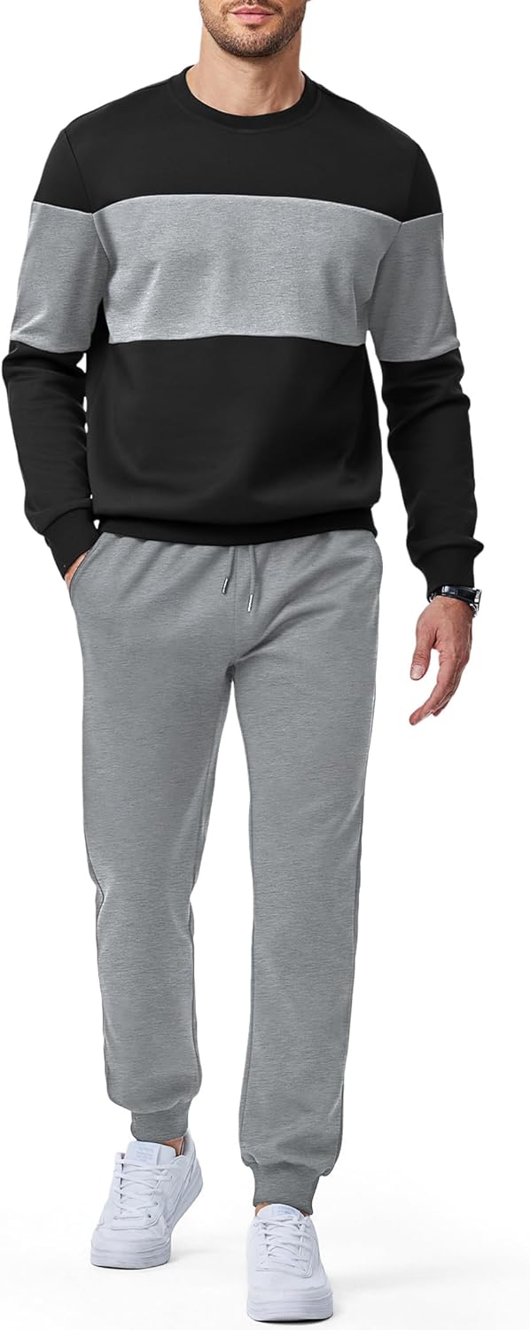 Dokotoo Men Men's 2 Piece Sweatsuits Outfits Casual Crewneck Color Block Sweatshirt Joggers Sweatpants Set Tracksuit