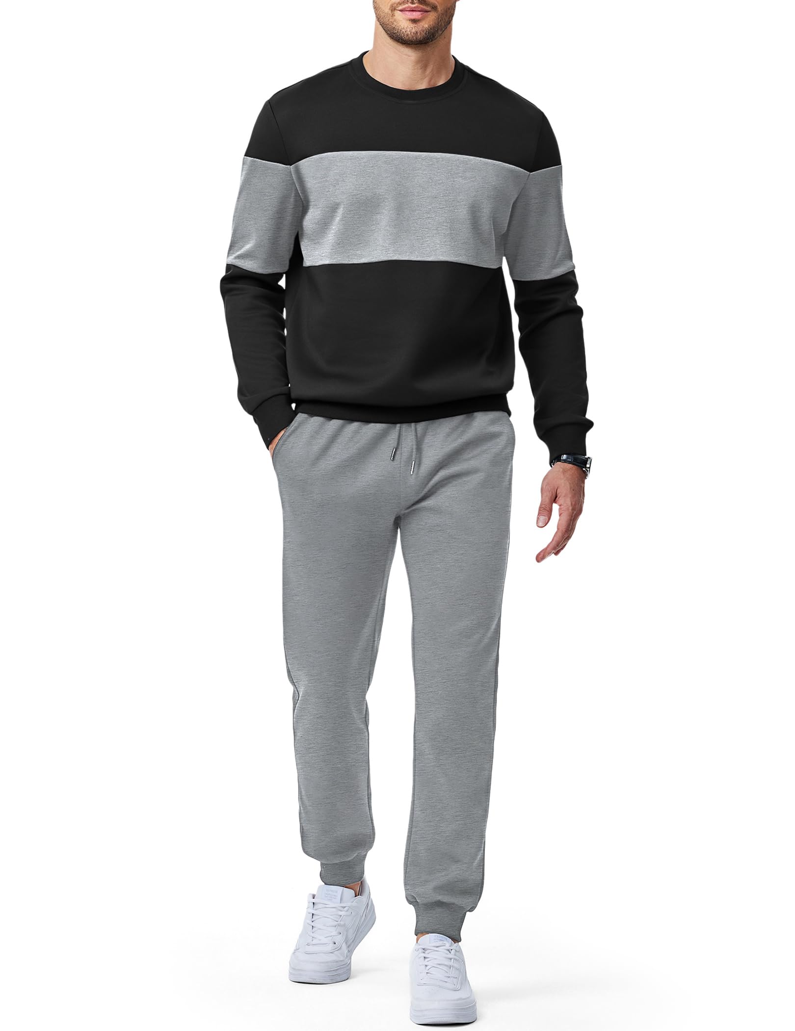 Men's 2 Piece Sweatsuits Outfits Casual Crewneck Color Block Sweatshirt Joggers Sweatpant…