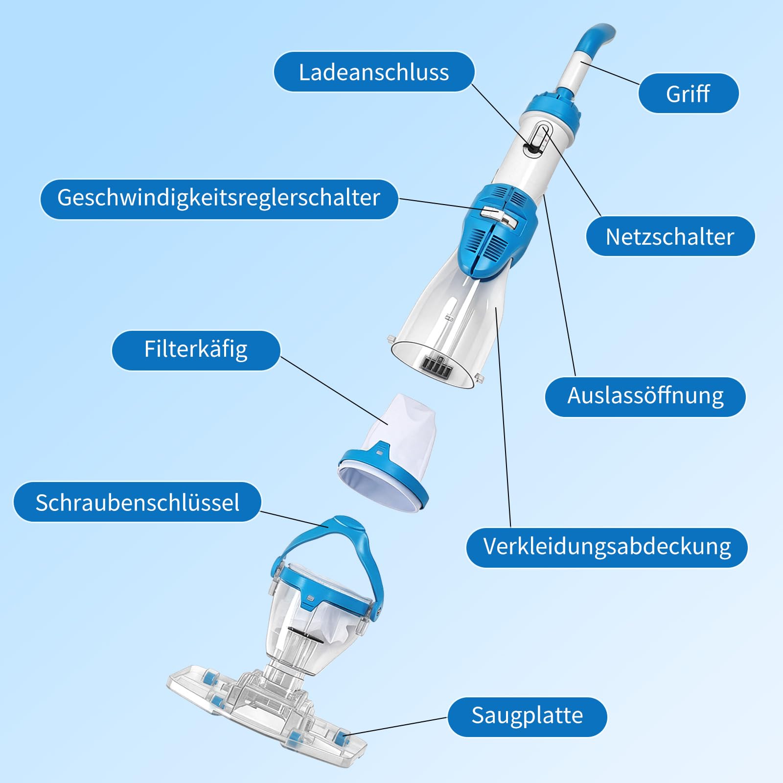 LEADZM Poolsauger Akku, Handsauger, Bodensauger bis zu 60 Minuten, Absaugung bis zu 4300L/H, Pool Sauger mit 250cm Teleskopstange, Poolreiniger mit 2 Filter (Blau)