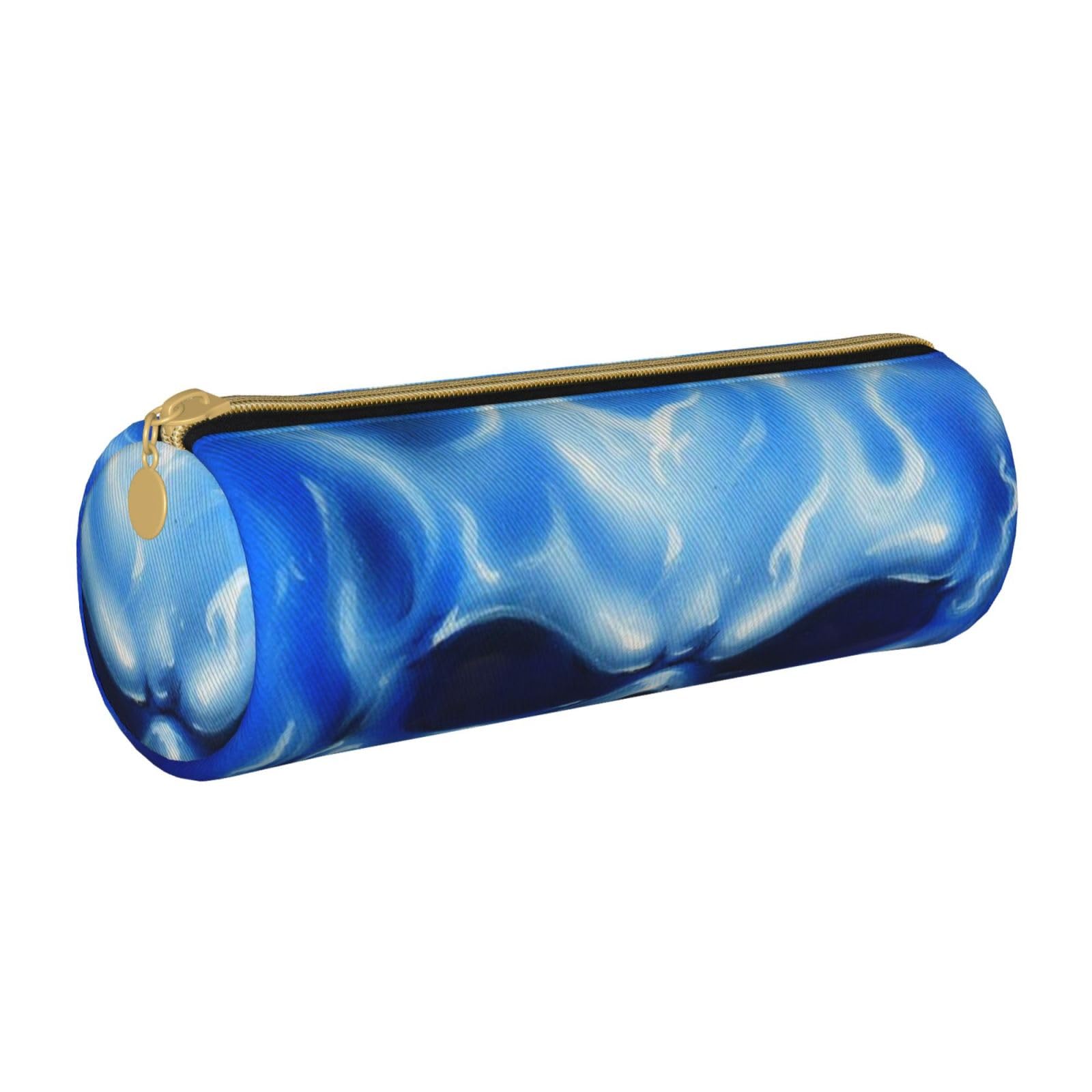 AABSTBFM Blue Flame Skull Printed Round Pencil Case Cute Leather Zipper Pen Pencil Pouch Bag for School, Office, and Travel