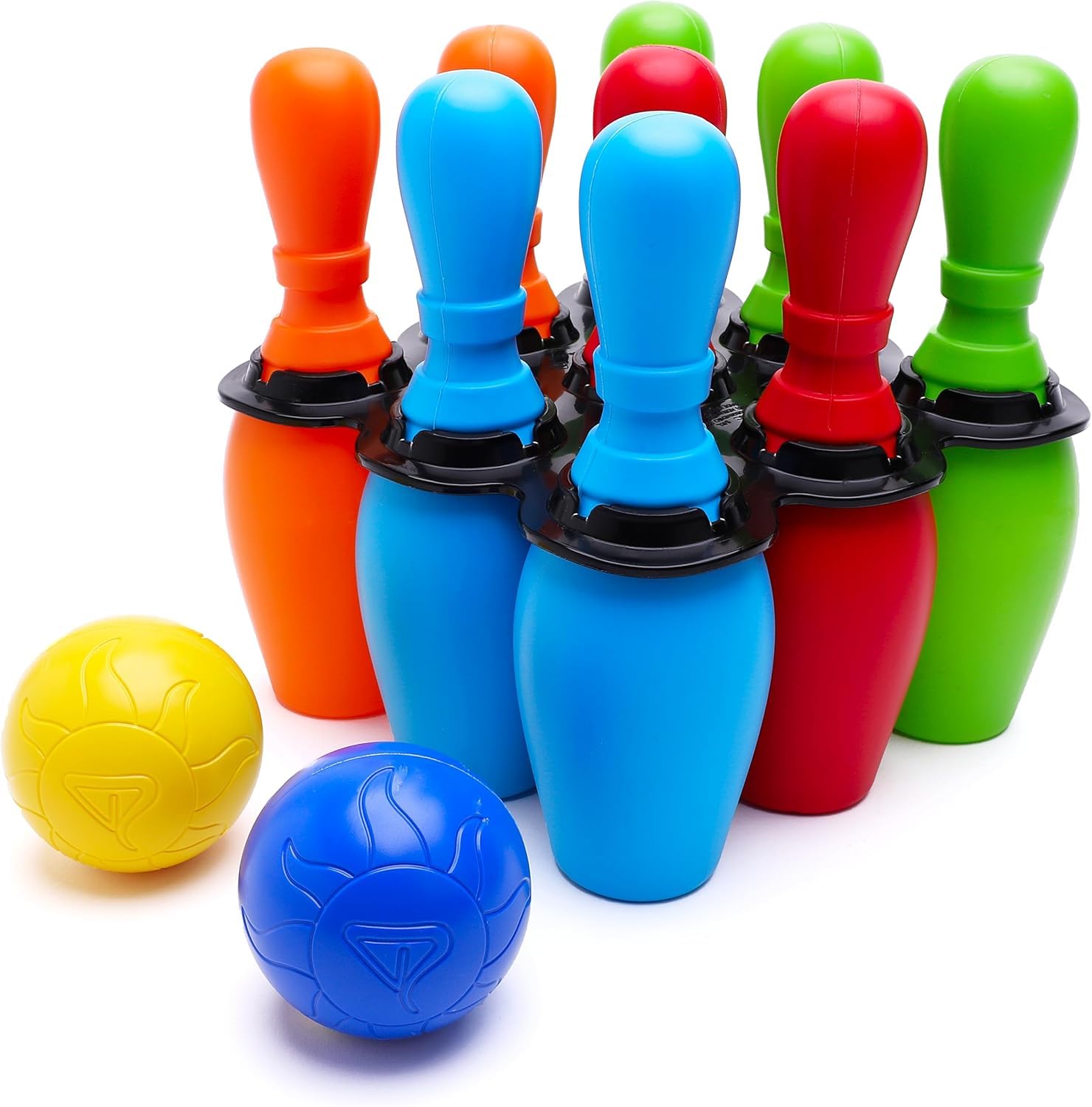 Toyland® 12 Piece Colourful Kids Bowling Set - 9 Pins, 2 Round Balls & 1 Holder - Indoor/Outdoor Toy - Family Garden Games