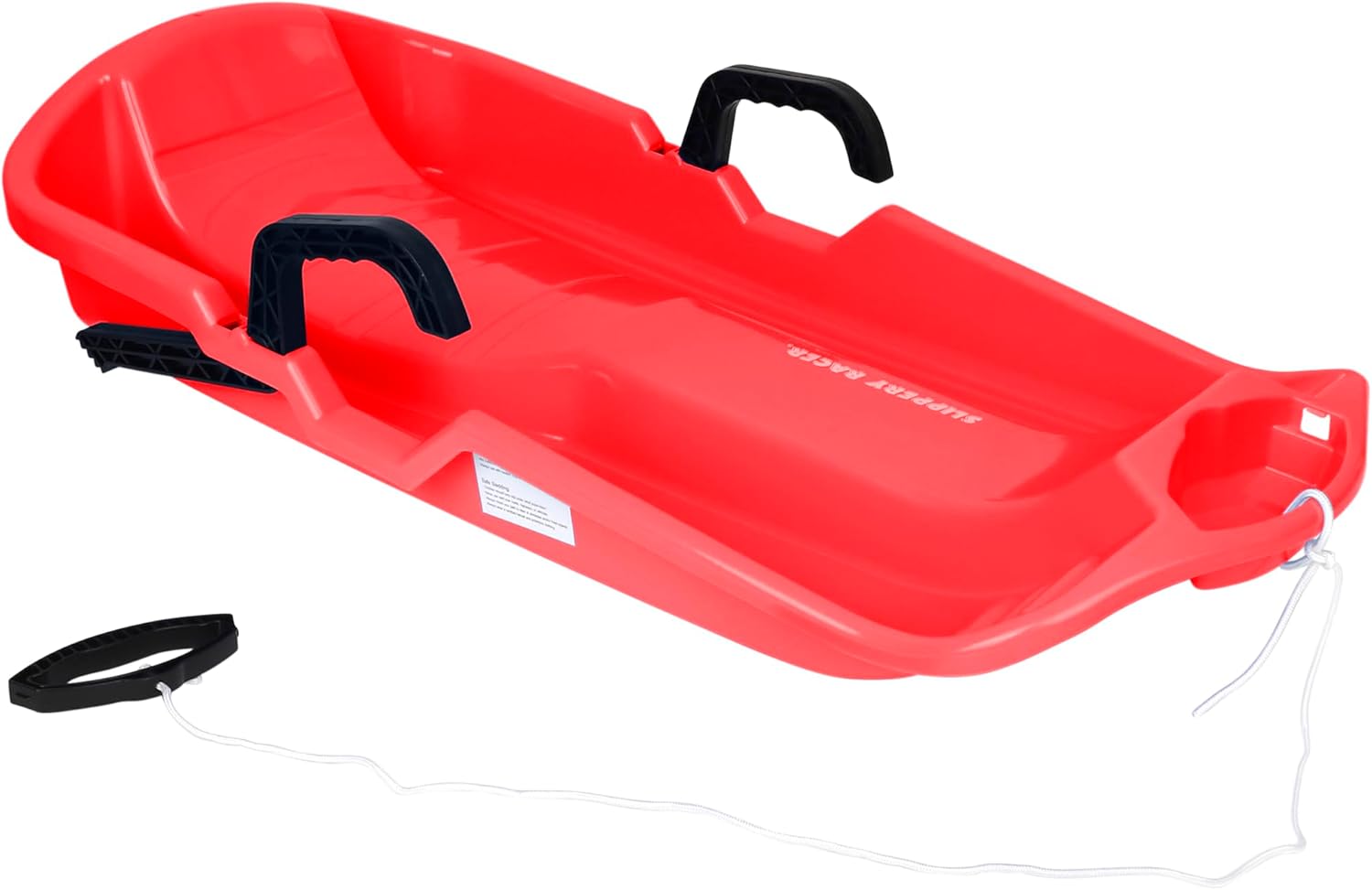 Slippery Racer Downhill Thunder Flexible Plastic Toboggan Snow Sled with Built in Brake System, Pull Rope, and Handle Grips, Red