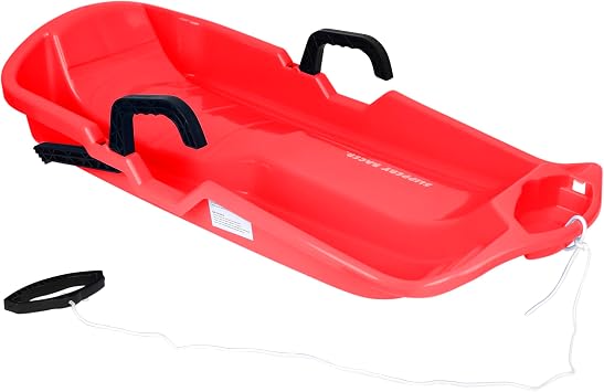 Slippery Racer Downhill Thunder Flexible Plastic Toboggan Snow Sled with Built in Brake System, Pull Rope, and Handle Grips, Red