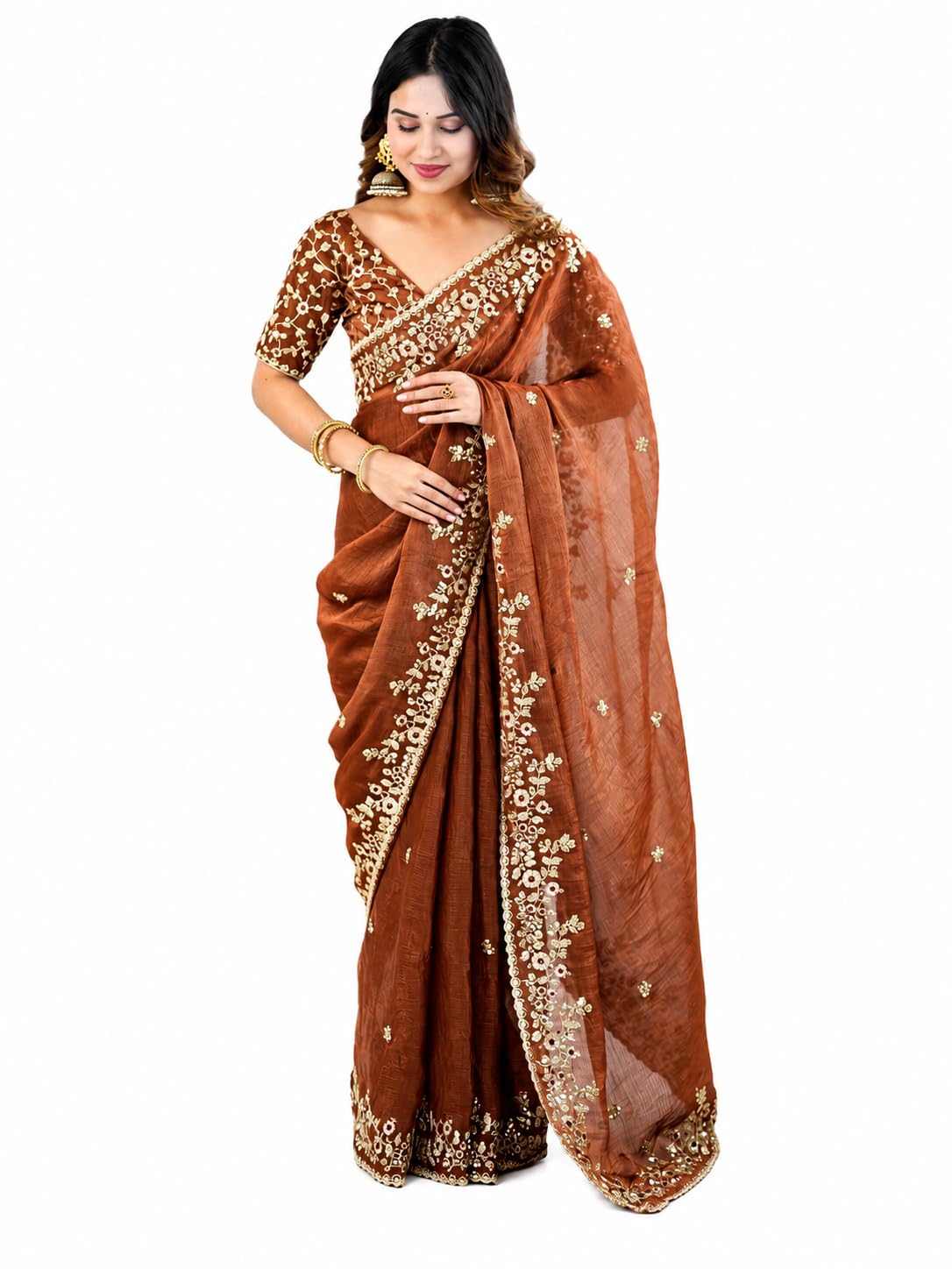 Women's Embroidered Shimmer Chiffon Saree, Floral Border, With Unstitched Blouse Piece For Traditional Indian Ethnic Wear-image-31