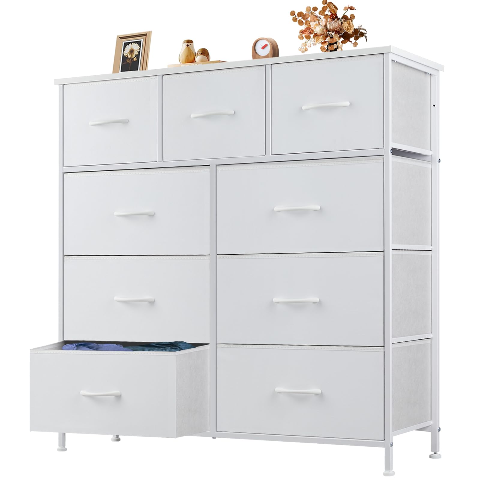 Photo 1 of ***DAMAGED -SELLING AS PARTS ONLY*** OLIXIS 9 Drawer Storage Dresser with Wood Top - Wide Fabric Chest Organizer for Bedroom, Closet, Living Room, Tower Cabinet, TV Stand, Hallway Entryway Furniture, Bright White