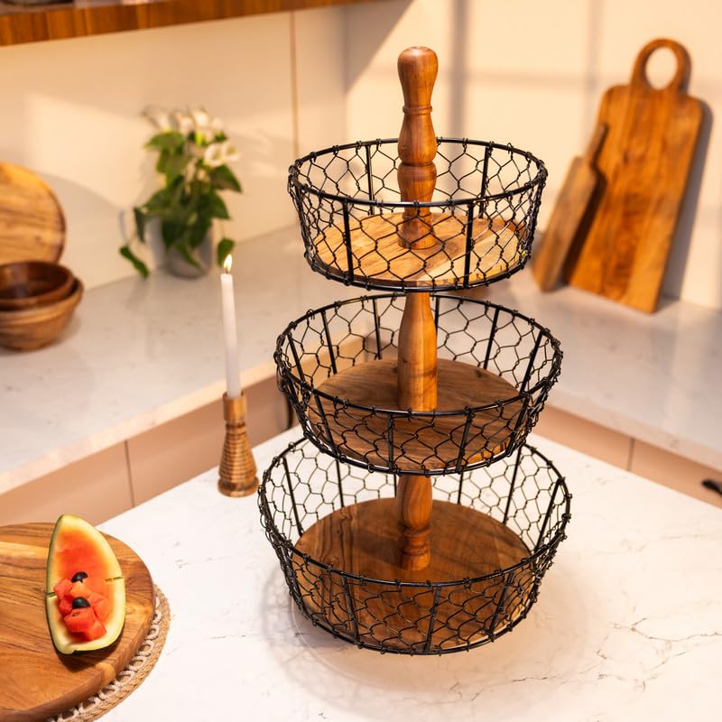 Image of Ireka Home Farmhouse Multipurpose Storage Basket | Acacia Wood with Iron Handles | Three-Tier Organizer for Living Room, Kitchen, Fruits and Vegetables