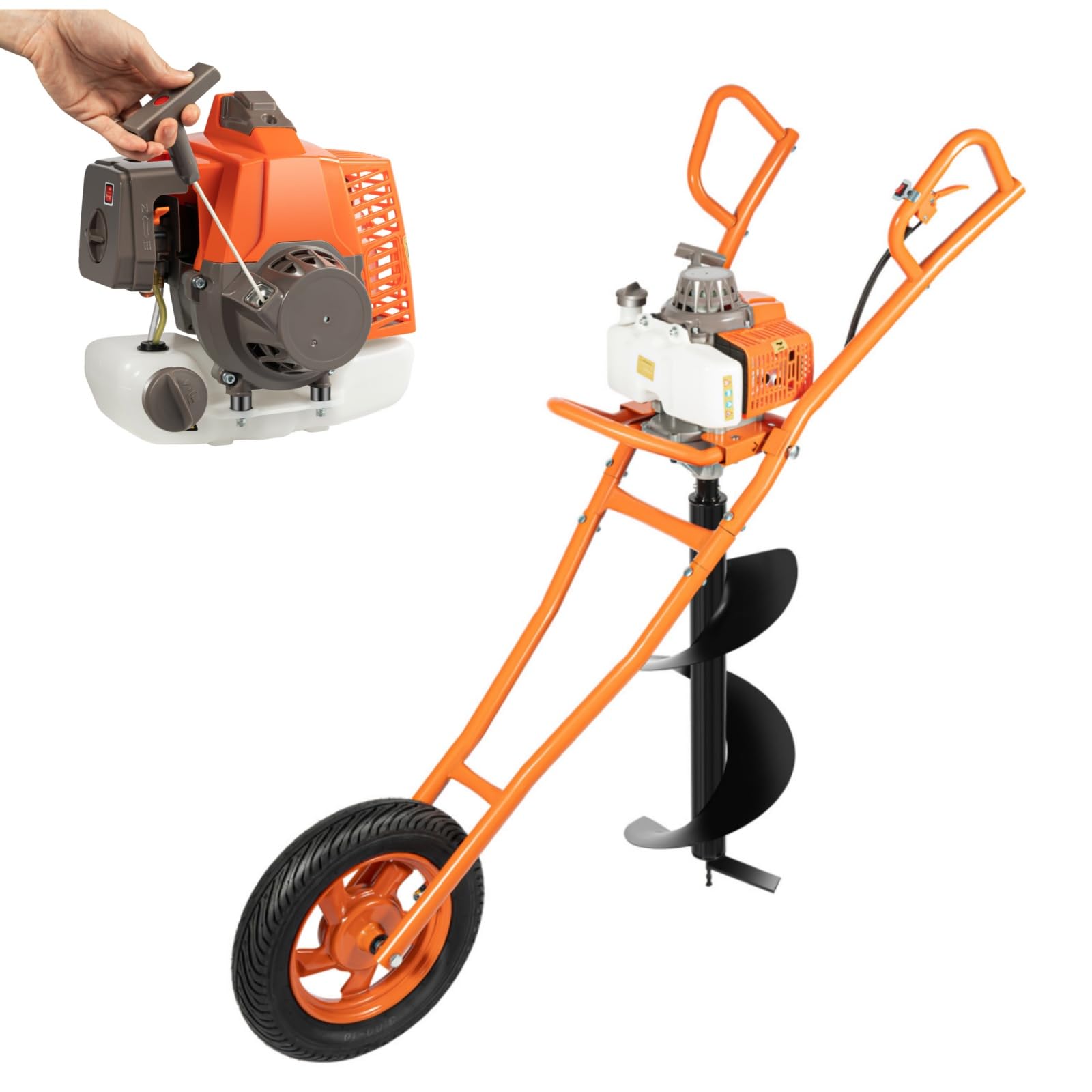 2-Takt Benzin Erdbohrer mit Handwagen, 63CC Erdbohrer Erdlochbohr, Benzin Pfahlbohrer Erdbohrgerät mit 30cm Bohrer, Gasbetriebener Erdbohrer