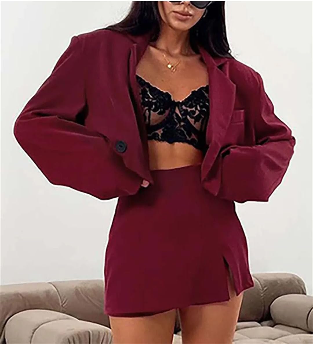 Womens Red 2 Piece Long Sleeve Single Button Crop Shirts and High Waisted Side Slit Mini Skirts Sets