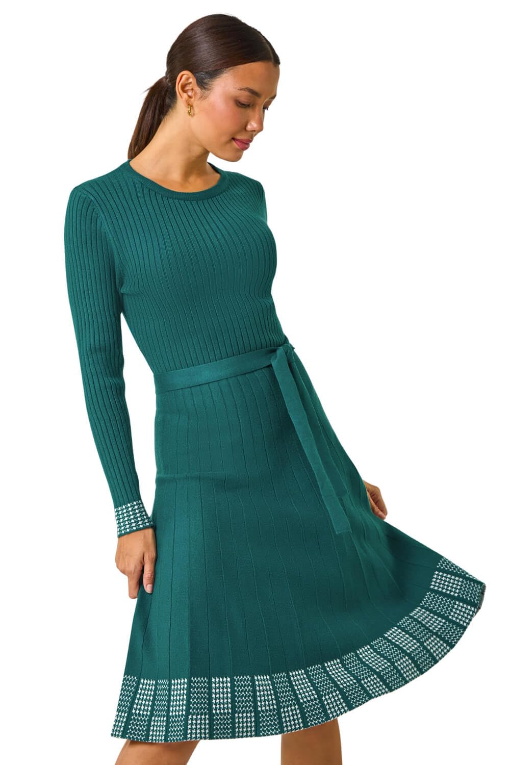 Roman Women's Teal Ribbed Stretch Knit Border Print Dress In | : Size 12