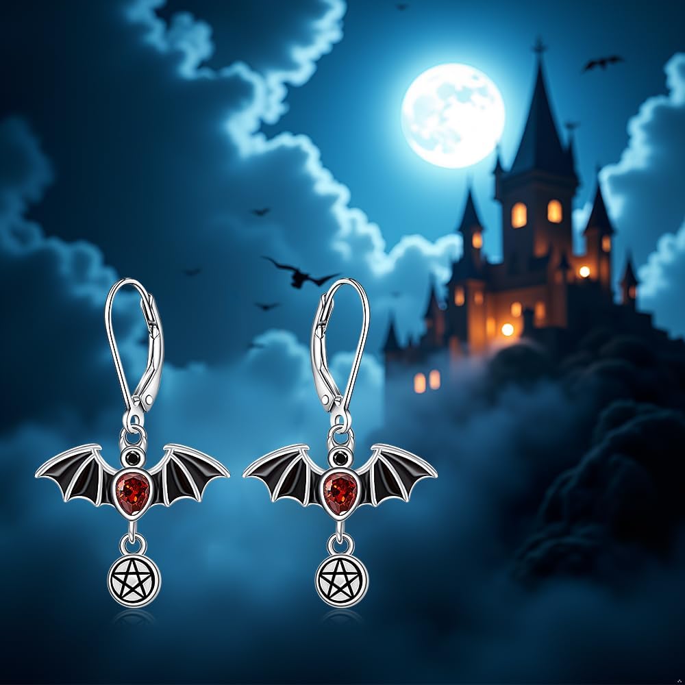 Halloween Bat Earrings for Women Dangle Gothic Black Bat Earrings Sterling Silver Red Drop Leverback Jewelry Halloween Gifts - Image 6