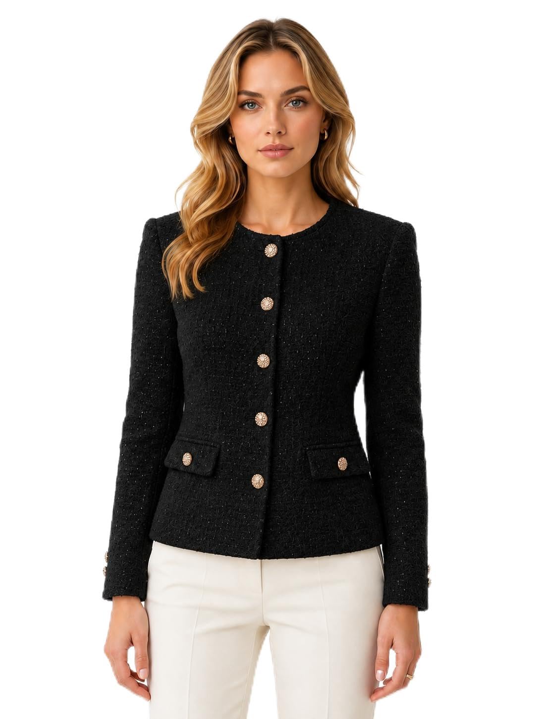 lasoon Women's Tweed Jacket | Premium Textured Formal Blazer with Gold Buttons | Round Neck Long Sleeve Smart Casual Office Wear Coat-picture-41