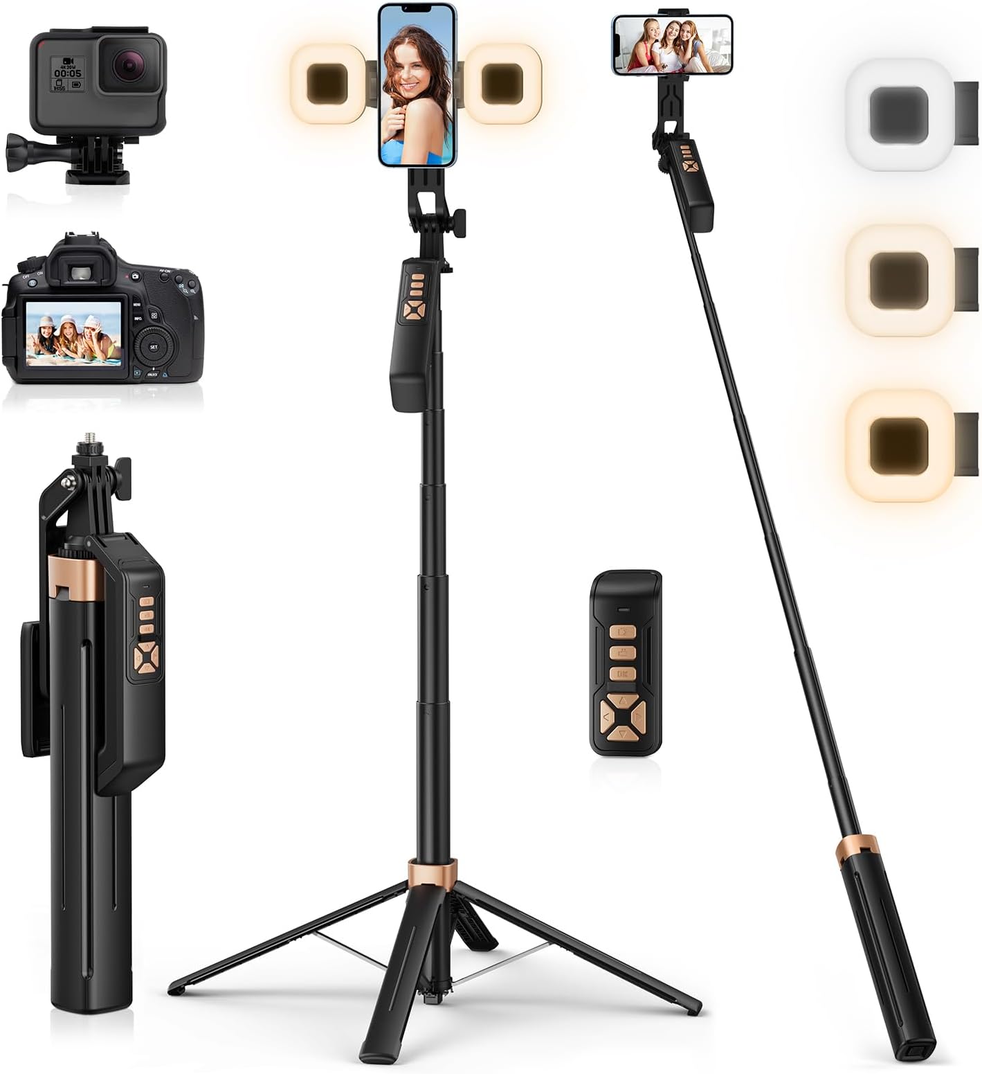 180CM Phone Tripod with 2 Fill Lights, 71" Extendable Tripod for iPhone & Selfie Stick with Detachable Remote, 360° Rotatable, Compatible with Smartphone/Camera